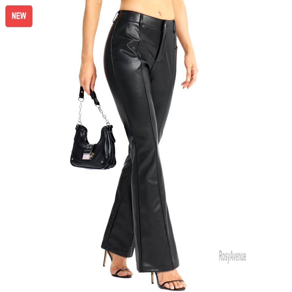 Faux Leather Bootcut Pants Women's PU Flared Trousers with Pockets